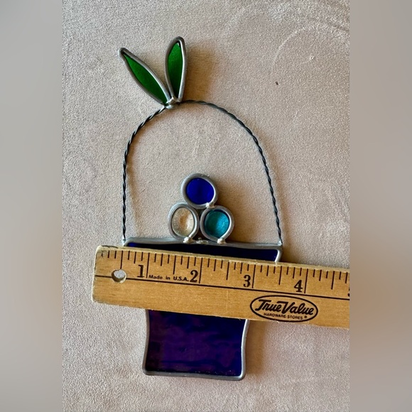 Stained glass sun catcher. Handmade blue basket of eggs. EUC. Easy to hang. - Picture 6 of 9
